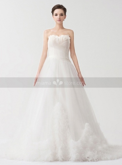 LSABELLA - A-line Strapless Chapel train Tulle Satin Strapless Weeding dress