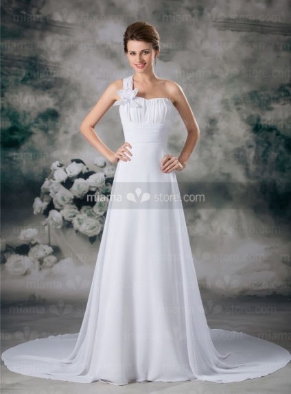 ELVA - A-line Empire waist Chapel train Chiffon One shoulder Wedding dress