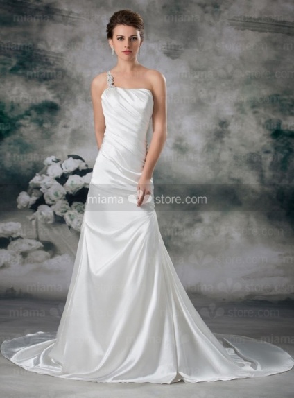 FANNY - A-line Strapless Chapel train Printed satin One shoulder Wedding dress