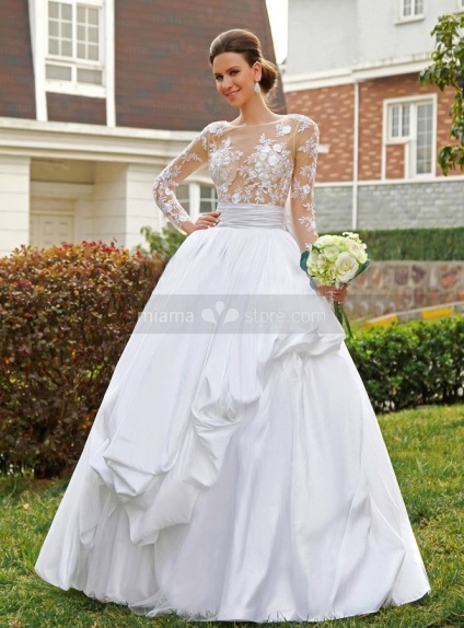 ASHLEY - A-line Ball gown Empire waist Floor length Satin Lace High round/Slash neck Wedding dress
