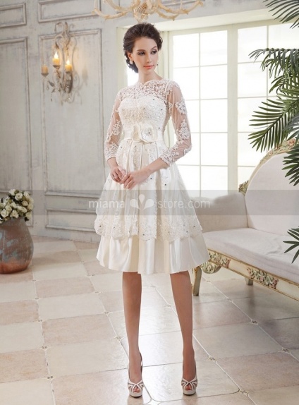 MADISON - A-line Short Empire waist Knee length Satin Lace High round/Slash neck Wedding dress