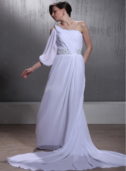 CORAL - A-line Empire waist Chapel train Chiffon One shoulder Wedding dress