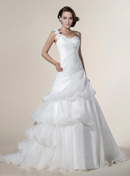 LYDIA - A-line Sweetheart Chapel train Organza satin One shoulder Wedding dress