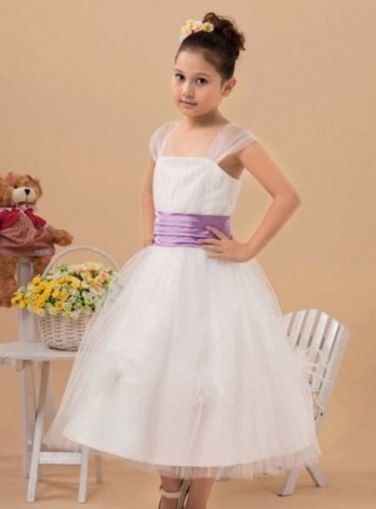 ELIZA - Flower girl Cheap A-line Ankle length Satin Tulle Square neck Wedding party dresses