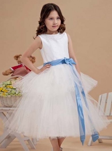 NATALIA - Flower girl Cheap A-line Tea length Tulle High round/Slash neck Wedding party dresses