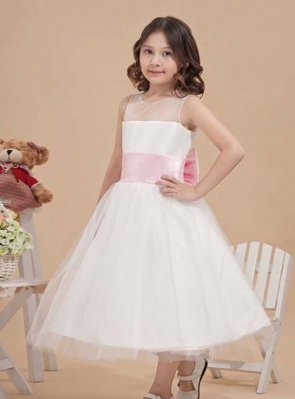 LAIA - Flower girl Cheap A-line Ankle length Satin Tulle Low round/Scooped neck Wedding party dresses