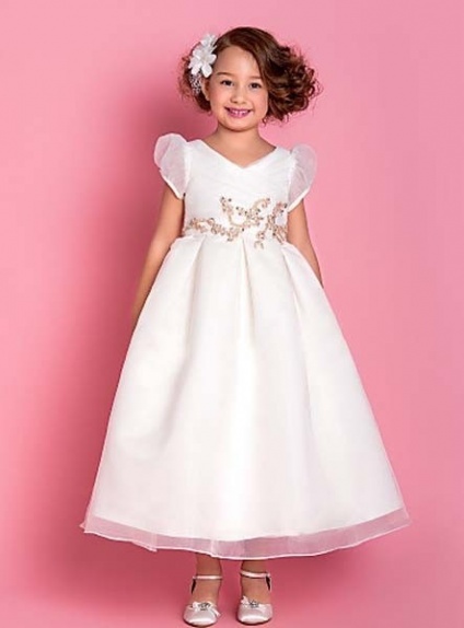 EMILY - Flower girl Cheap A-line Ankle length Organza V-neck Wedding party dresses
