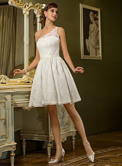 DAISY - A-line Short Satin Lace One shoulder Wedding dress
