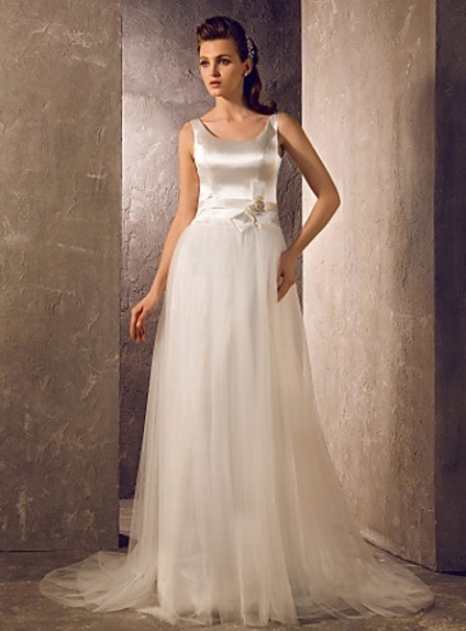 GABRIELLE - A-line Empire waist Chapel train Stretch satin Tulle Low round/Scooped neck Wedding dress