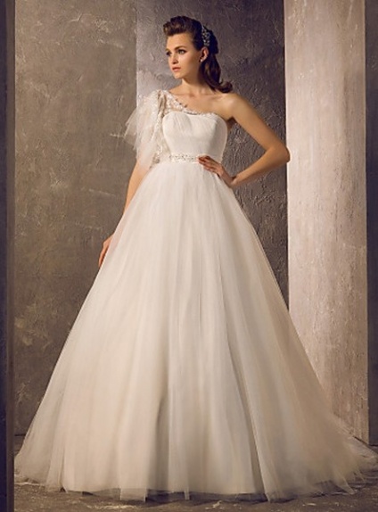 GAIL - A-line Empire waist Chapel train Tulle Lace One shoulder Wedding dress