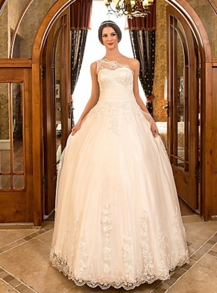 YULIA - A-line Sweetheart Chapel train Tulle Lace One shoulder Wedding dress