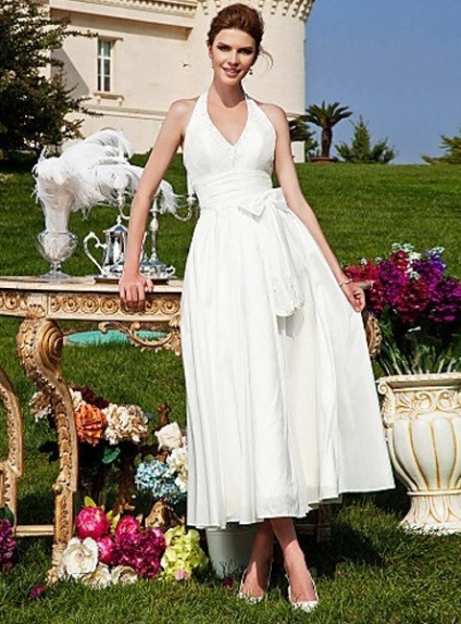 DORA - A-line Halter Princess Tea length Taffeta Wedding dress
