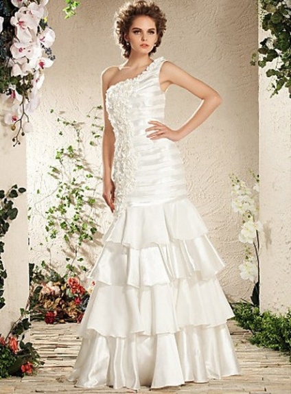BEBE - A-line Floor length Stretch Satin One Shoulder Wedding dress