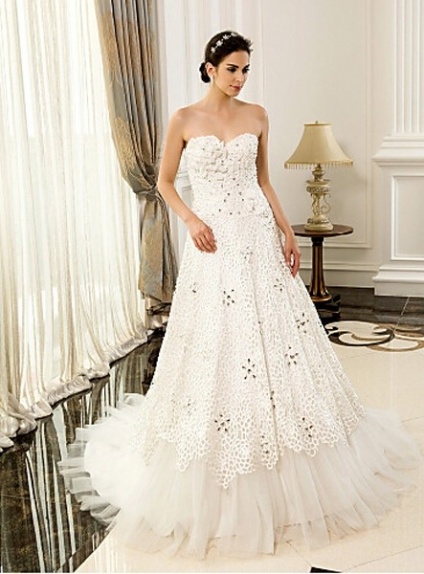 GLORIA - A-line Sweetheart Chapel train Satin Lace Wedding Dress