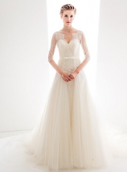YVETTE - A-line Sweetheart Chapel train Tulle Lace Wedding Dress