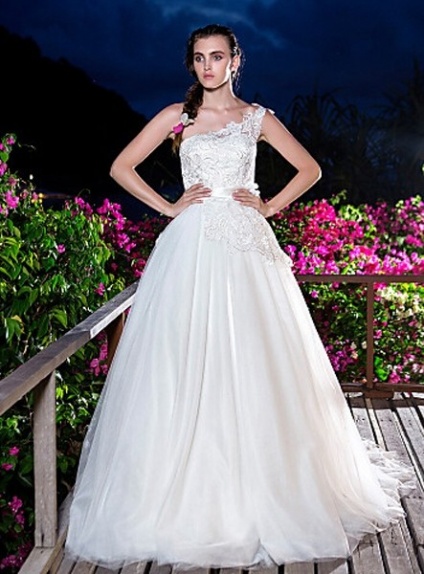 WINNIE - A-line Empire waist Chapel train Tulle Lace One Shoulder Wedding Dress