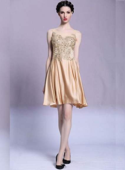Bridesmaid A-line Short/Mini Stretch satin Tulle Low round/Scooped neck Wedding party dress