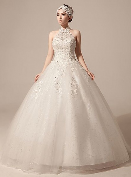 A-line Halter Ball gown Floor length Lace Tulle High round/Slash neck Wedding dress