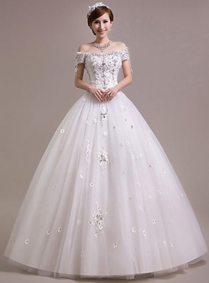 A-line Off the shoulder Ball gown Floor length Tulle Wedding dress