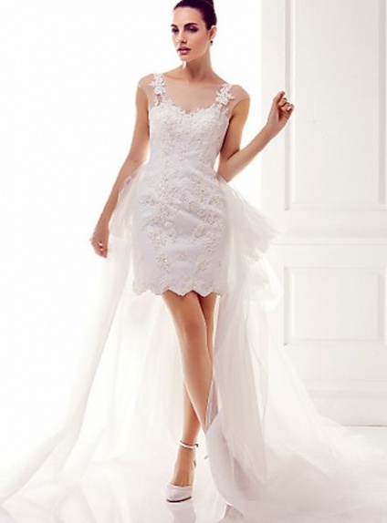 Short Sweetheart Asymmetrical Lace Tulle Low round/Scooped neck Wedding dress