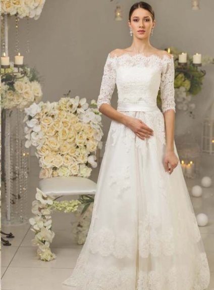 A-line Off the shoulder Floor length Lace Tulle Wedding dress 