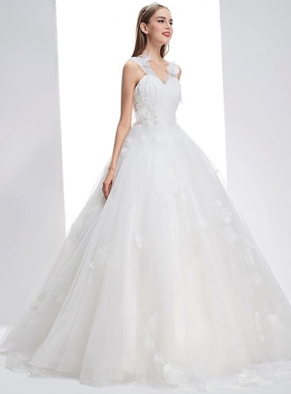 A-line V-neck Floor length Tulle Wedding dress