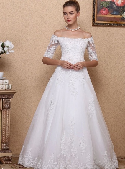 A-line Ball gown Floor length Lace Tulle Off the shoulder Wedding dress