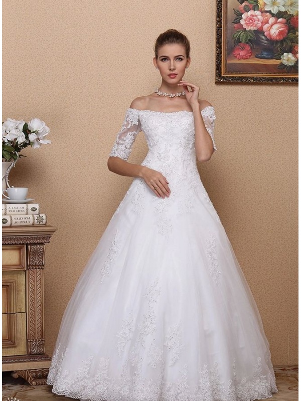  A line  Ball gown  Floor  length  Lace Tulle Off the shoulder 