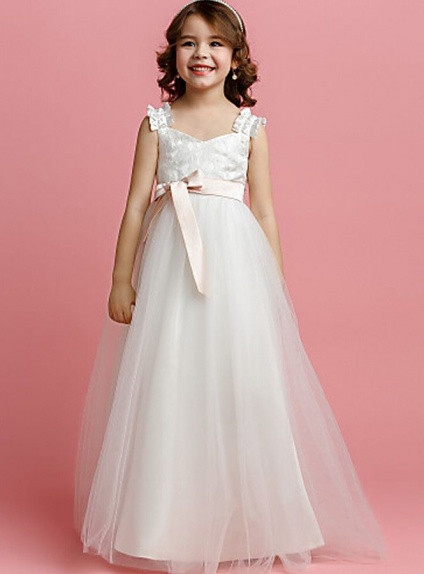 Flower girl A-line Floor length Tulle Lace Square neck Wedding party dress