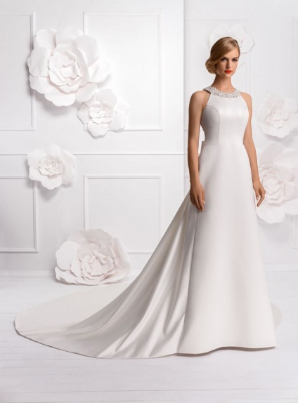 A-line Chapel train Satin Low round/Scooped neck Wedding dress
