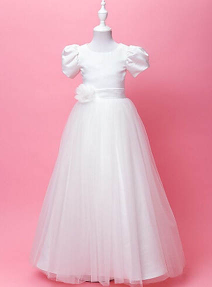 Flower girl A-line Floor length Tulle Satin Low round/Scooped neck Wedding party dress