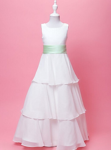 Flower girl A-line Floor length Chiffon Low round/Scooped neck Wedding party dress