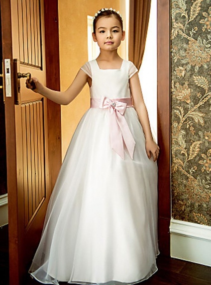 Flower girl A-line Floor length Organza Square neck Wedding party dress