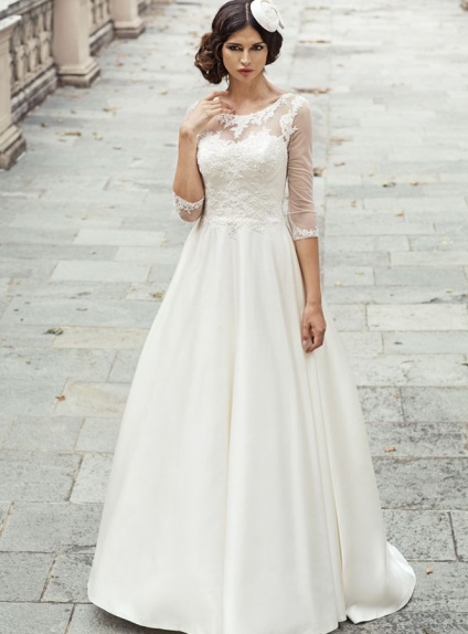 A-line Chapel train Satin Low round/Scooped neck Wedding dress