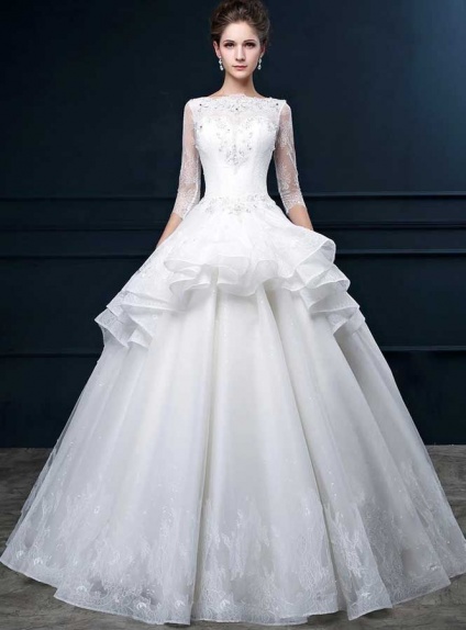 A-line Ball gown Floor length Lace Tulle High round/Slash neck Wedding dress