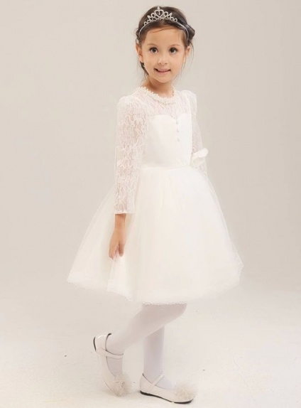 Flower girl A-line Knee length Satin Lace Low round/Scooped neck Wedding party dress