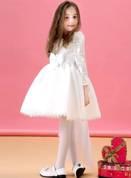 Vestito da Cerimonia economico per Bambina con gonna ampia corta e maniche lunghe ricamate