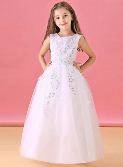 Flower girl A-line Floor length Satin Lace Low round/Scooped neck Wedding party dress