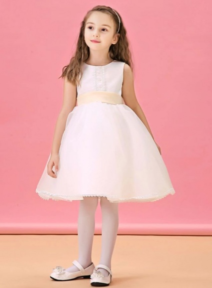 Flower girl A-line Knee length Organza Low round/Scooped neck Wedding party dress