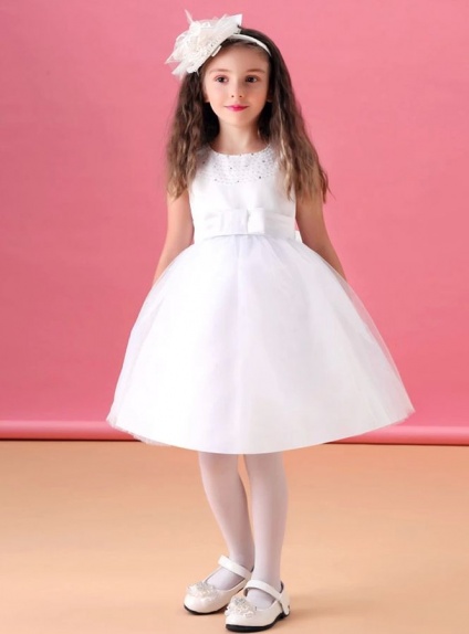 Flower girl A-line Knee length Satin Low round/Scooped neck Wedding party dress