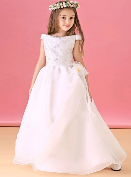 Flower girl A-line Floor length Satin Lace Organza Off the shoulder Wedding party dress
