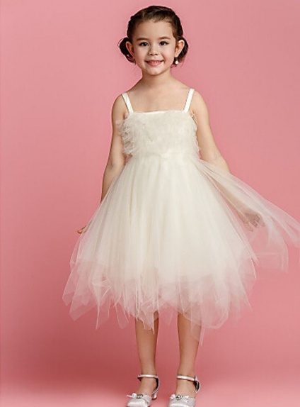 Flower girl A-line Asymmetrical Tulle Square neck Wedding party dress