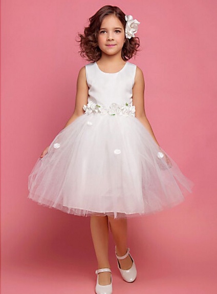 Flower girl A-line Knee length Tulle Satin Low round/Scooped neck Wedding party dress
