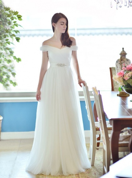 A-line V-neck Off the shoulder Floor length Tulle Wedding dress