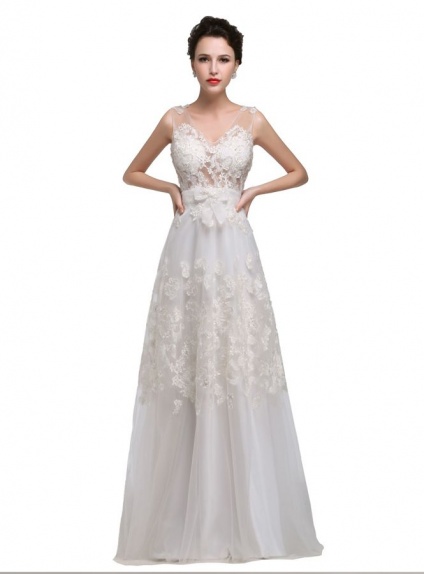 A-line V-neck Empire waist Floor length Tulle Lace Wedding dress