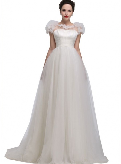 A-line Empire waist Chapel train Tulle Low round/Scooped neck Wedding dress