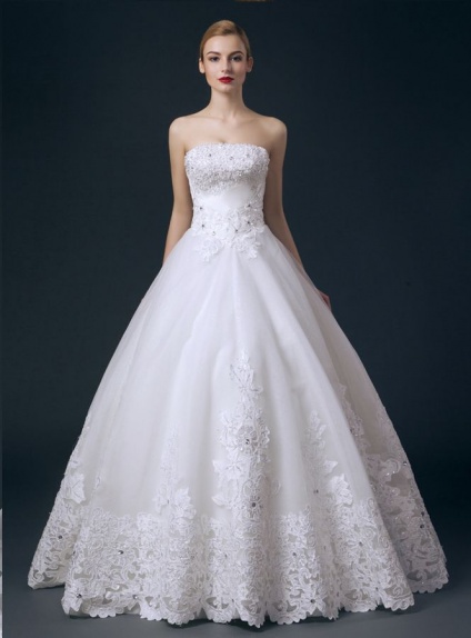 A-line Ball gown Strapless Floor length Satin Tulle Wedding dress