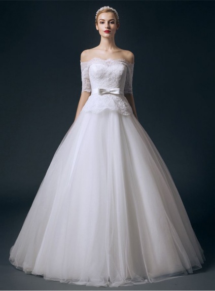 A-line Ball gown Off the shoulder Floor length Tulle Lace Wedding dress