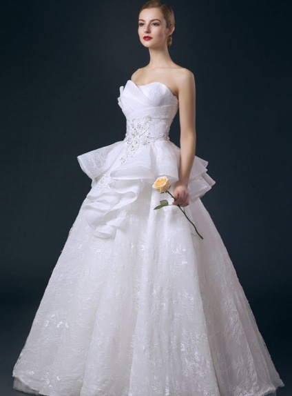 A-line Ball gown Strapless Floor length Tulle Lace Wedding dress