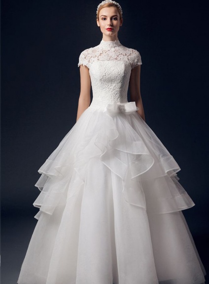 A-line Ball gown Floor length Tulle Lace High round/Slash neck Wedding dress